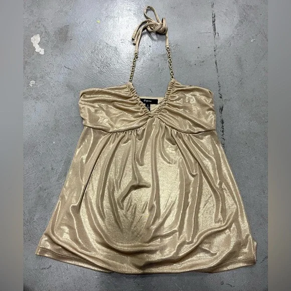 Vintage Y2k Express Gold Metallic Chain Going Out Halter Top SMALL sparkly party - Picture 5 of 10